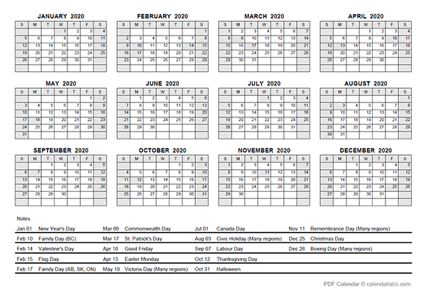 2020 Yearly Calendar With Canada Holidays Free Printable