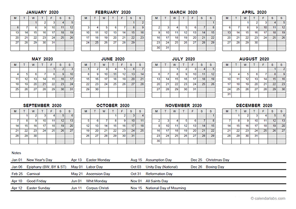 2020 Yearly Calendar With Germany Holidays