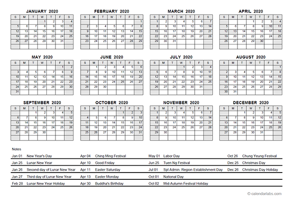 2020 Yearly Calendar With Hong Kong Holidays