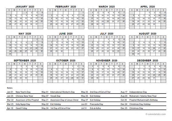 2020 Yearly Calendar With Indonesia Holidays