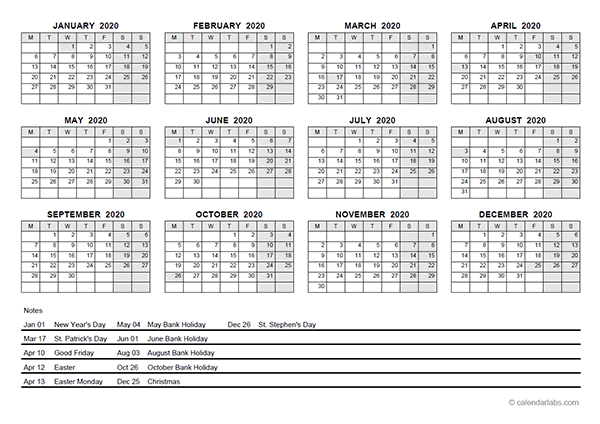 2020 Yearly Calendar With Ireland Holidays