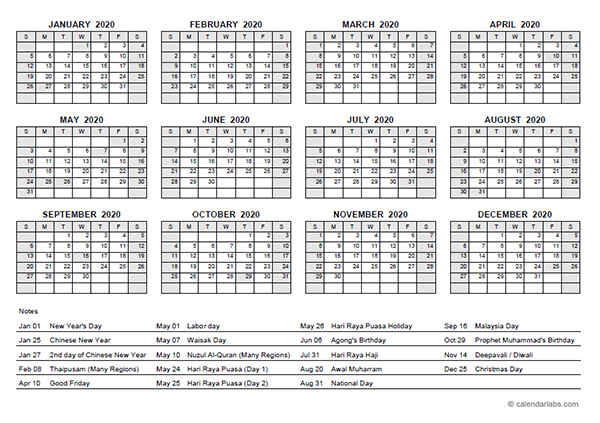 2020 Yearly Calendar With Malaysia Holidays