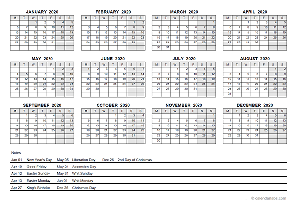 2020 Yearly Calendar With Netherlands Holidays