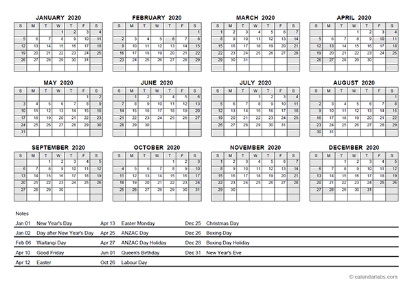 2020 Yearly Calendar With New Zealand Holidays