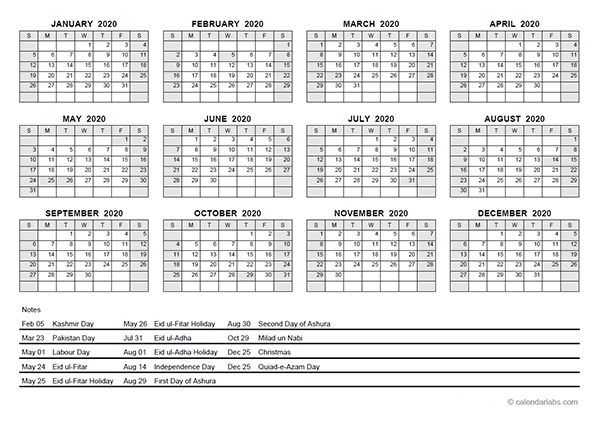 2020 Yearly Calendar With Pakistan Holidays