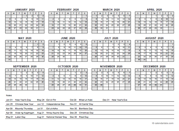 2020 Yearly Calendar With Philippines Holidays