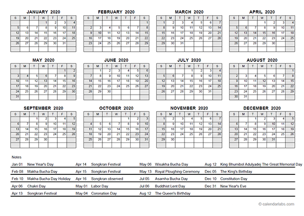 2020 Yearly Calendar With Thailand Holidays