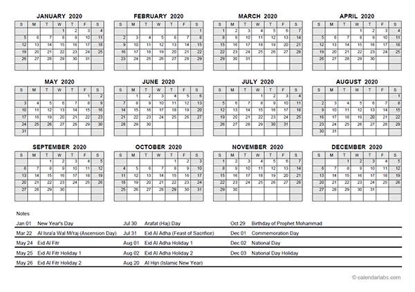 2020 Yearly Calendar With UAE Holidays