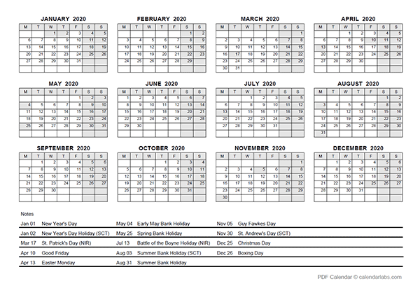 2020 Yearly Calendar With UK Holidays