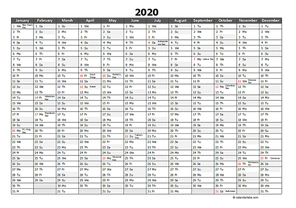 Editable 2020 Yearly Excel Scheduling Calendar