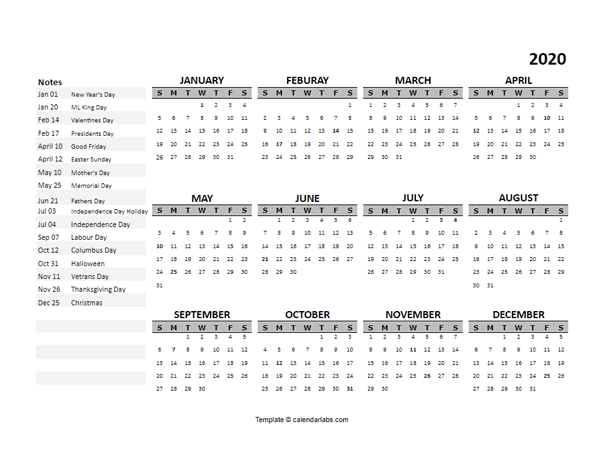 2020 Yearly Google Docs Calendar Template