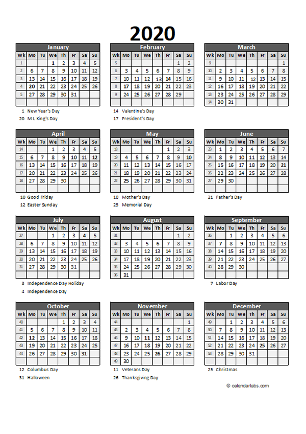 Editable 2020 Yearly Spreadsheet Calendar