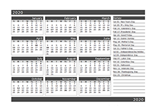 12-Month One Page Calendar Template for 2020