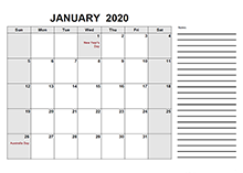2020 Australia Free Calendar PDF Template