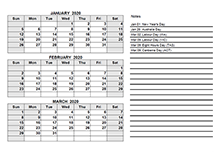 2020 Australia Quarterly Calendar Template