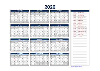 Yearly 2020 Calendar with Australia public holidays