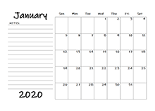 2020 Blank Calendar Template with Notes