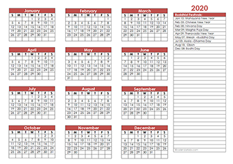 2020 Buddhist Festivals Calendar Template