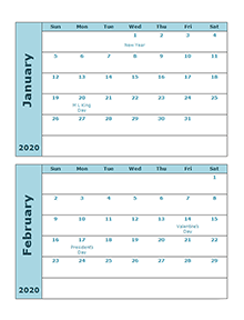 2020 Calendar Template Two Months Per Page