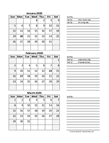 2020 Quarterly Calendar Spreadsheet