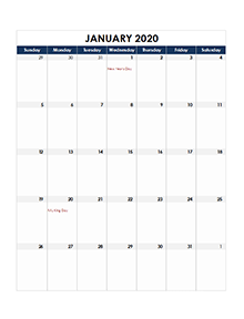 2020 Excel Monthly Calendar Template