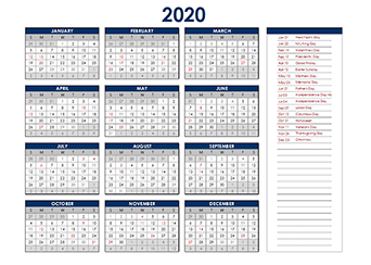 2020 Excel Yearly Calendar