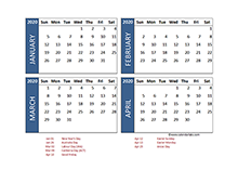 2020 four-month Australia calendar template