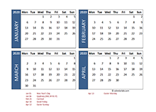 2020 four-month Germany calendar template