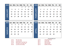 2020 Four Month Calendar Hong Kong Template