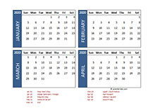 2020 four-month India calendar template