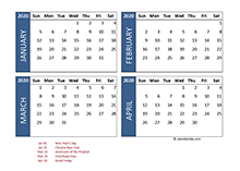 2020 four-month Indonesia calendar template
