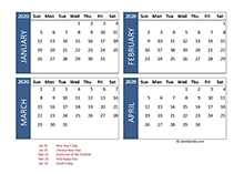2020 Four Month Calendar Indonesia Template