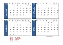 2020 four-month Ireland calendar template