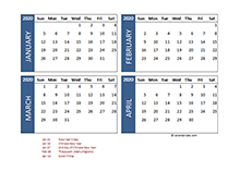 2020 four-month Malaysia calendar template