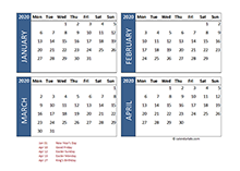 2020 four-month Netherlands calendar template