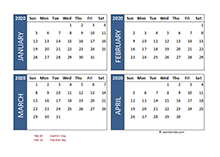 2020 Four Month Calendar Pakistan Template