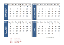 2020 four-month Philippines calendar template