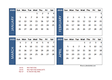 2020 four-month singapore calendar template