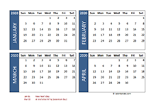 2020 four-month UAE calendar template