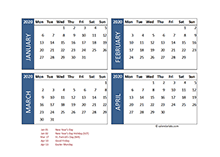2020 four-month UK calendar template