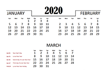 2020 Quarterly Calendar for Hong Kong