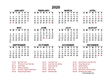 2020 Hong Kong calendar template with public holidays