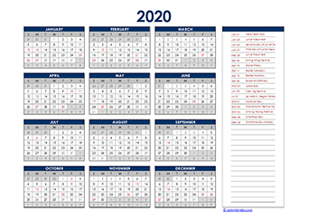 Yearly 2020 Calendar with Hong Kong public holidays