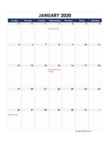 2020 India Monthly Excel Calendar