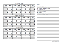 2020 India Quarterly Calendar Template