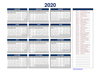 Yearly 2020 Calendar with India public holidays