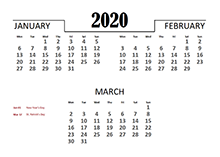 2020 Quarterly Calendar for Ireland