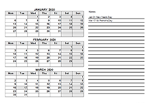 2020 Ireland Quarterly Calendar Template