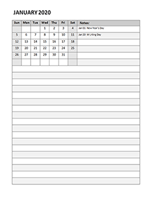 2020 Monthly Calendar Template Portrait