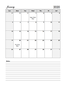 2020 Calendar Template Large Boxes